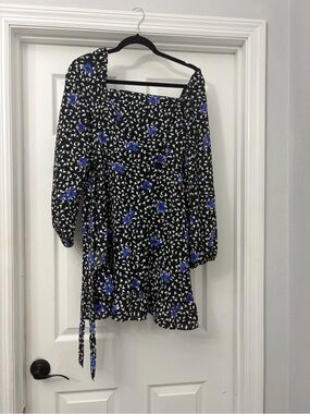 Black Floral Wrap Dress with Blue Accent Flowers